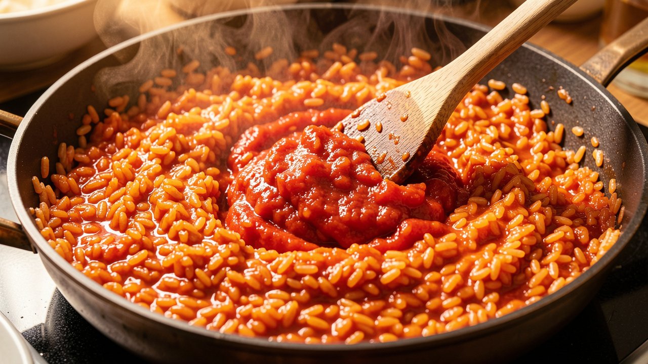 Crushed tomatoes stirred into toasted risotto rice, turning it orange-red