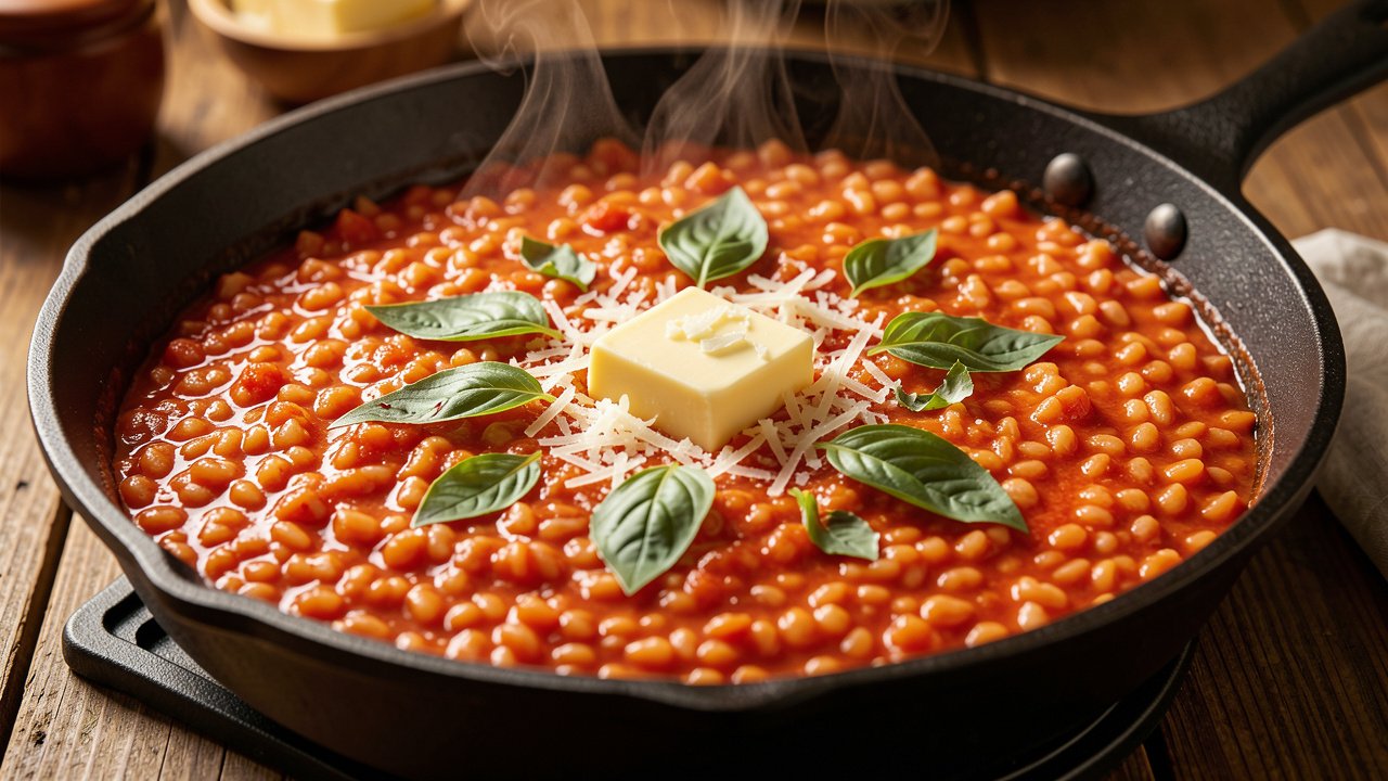 Finished tomato risotto being stirred with butter and Parmesan and topped with basil