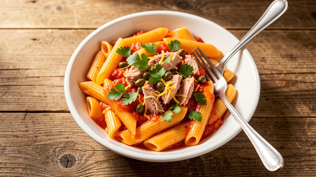 A bowl of creamy tomato tuna penne pasta topped with parsley, capers, and lemon zest