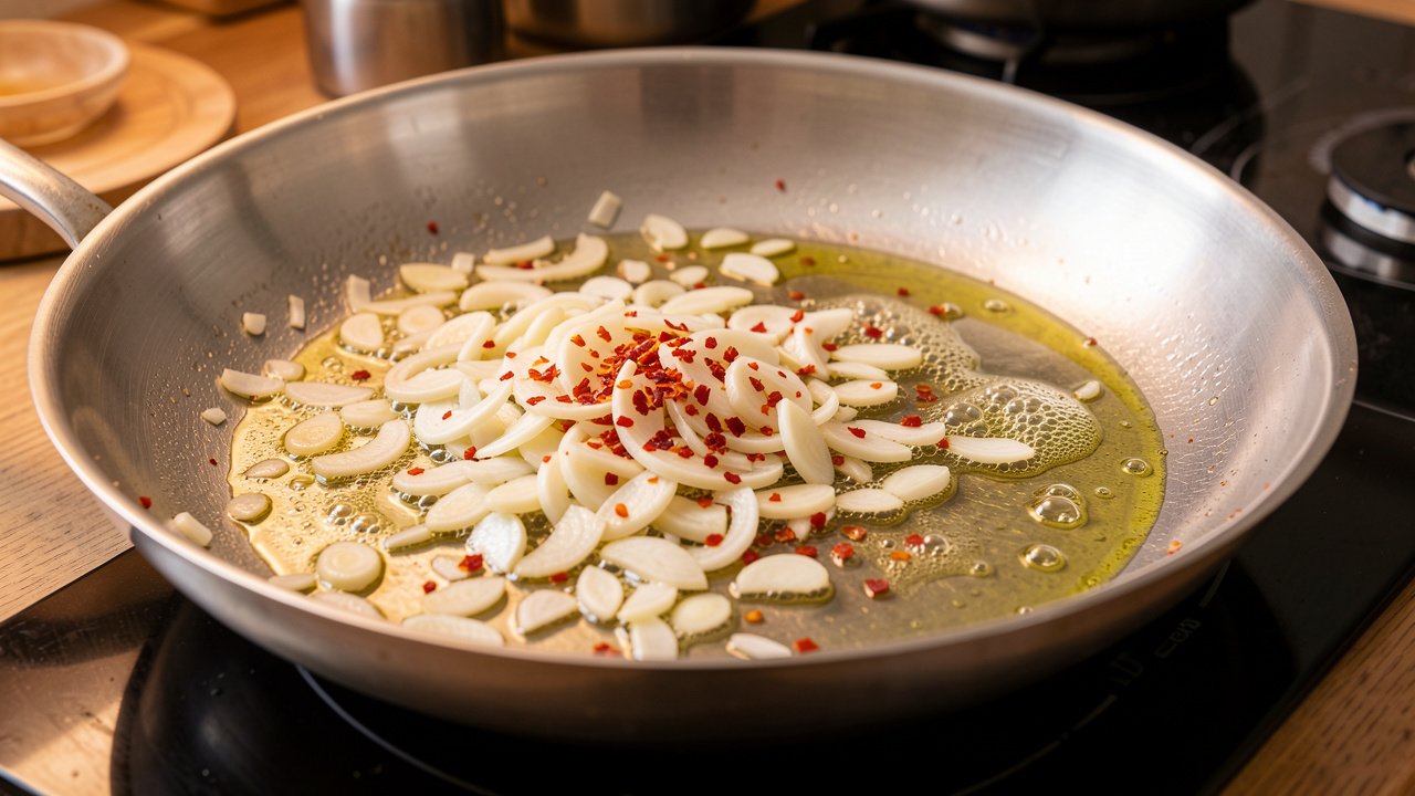 Sliced garlic and chili flakes softening in olive oil in a skillet