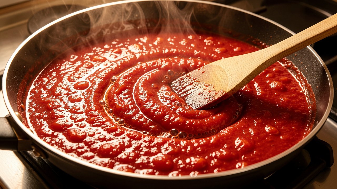 Crushed tomatoes simmering into a thick glossy sauce in a wide skillet