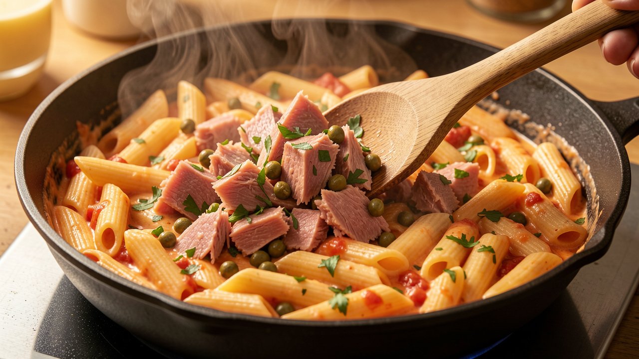 Tuna flakes and capers being folded into creamy tomato penne off the heat