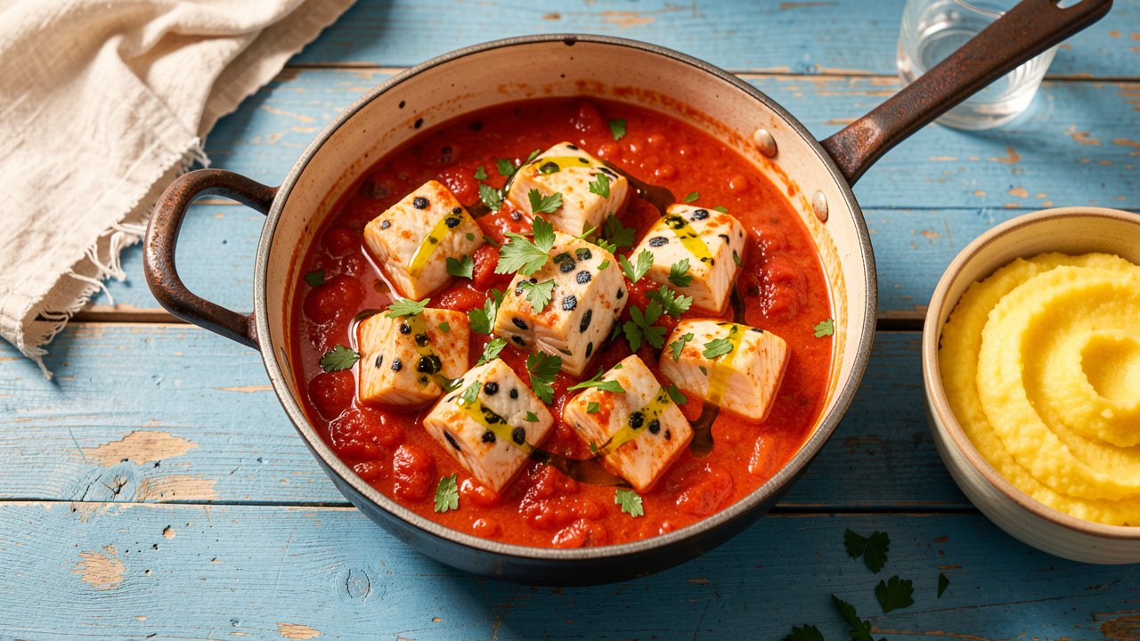 A rustic pot of Croatian brudet with chunks of white fish in red tomato sauce, served with soft polenta