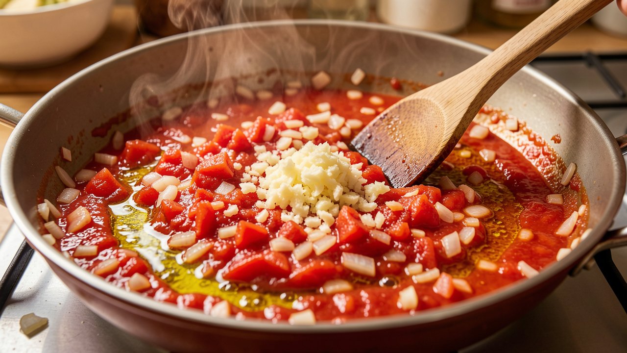 Onions and grated tomatoes cooking down into a glossy sauce base in a wide pot