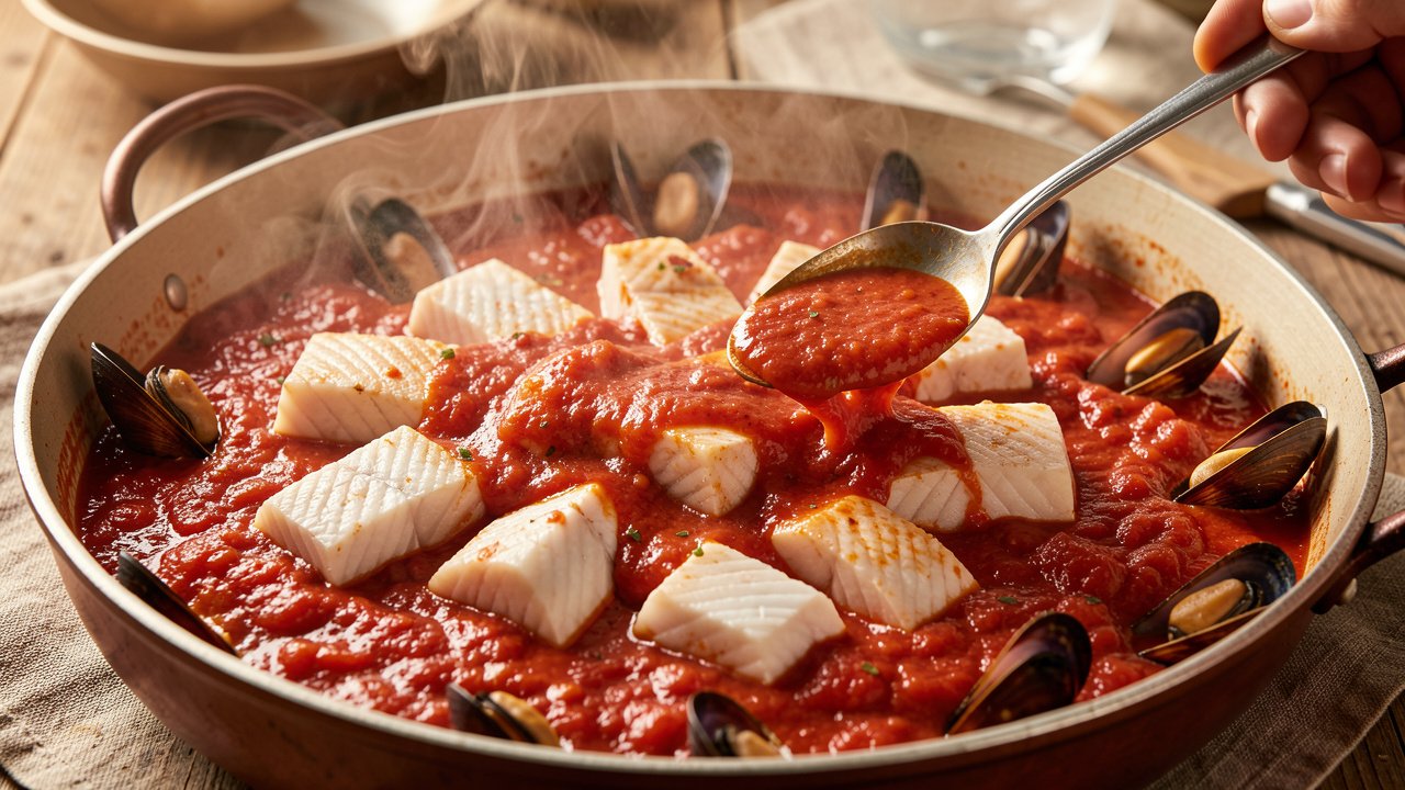 White fish chunks nestled in a single layer into red tomato sauce, sauce spooned over the top