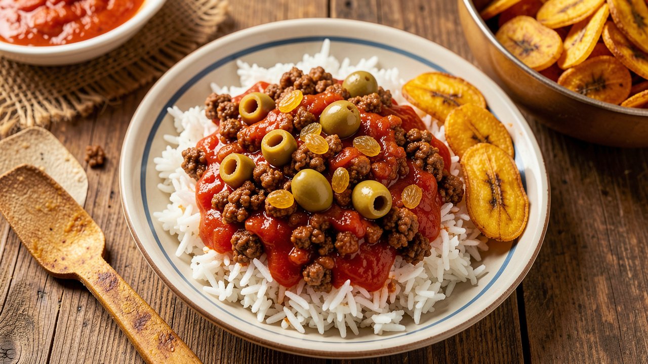 Cuban picadillo of ground beef in red tomato sauce with green olives and raisins, served over white rice with fried sweet plantains