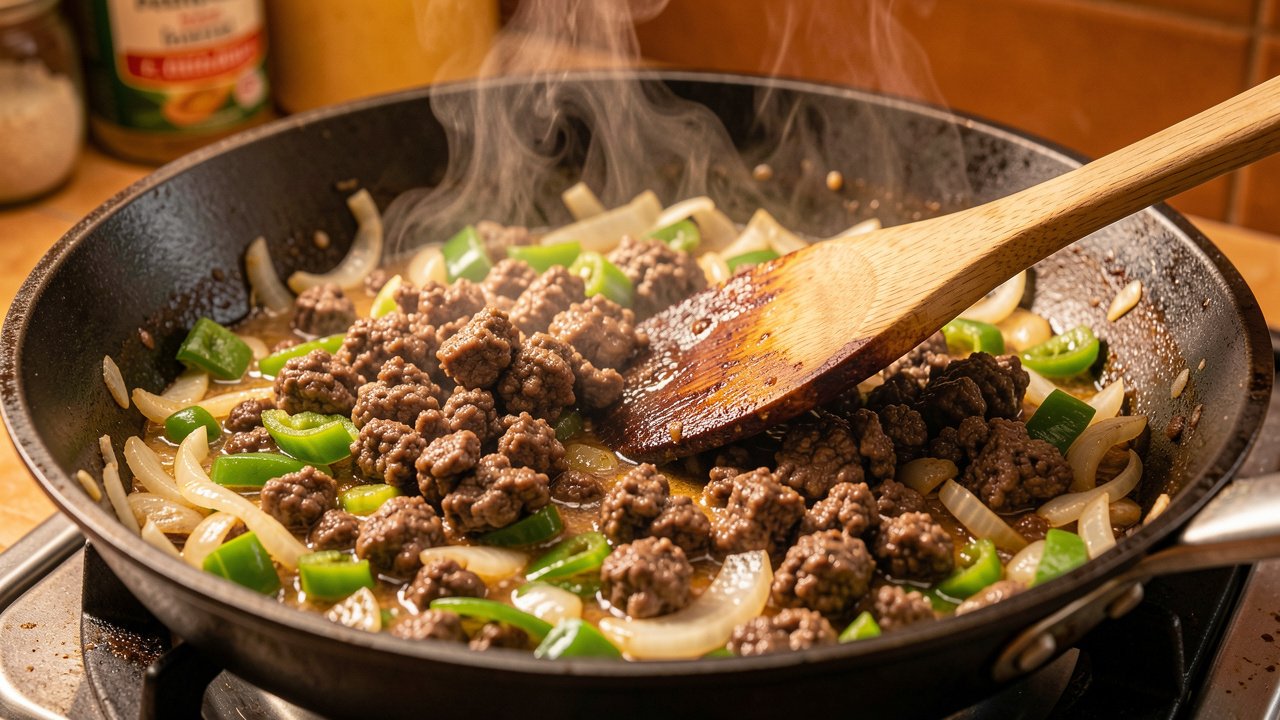 Ground beef browning with onion and green pepper sofrito in a skillet