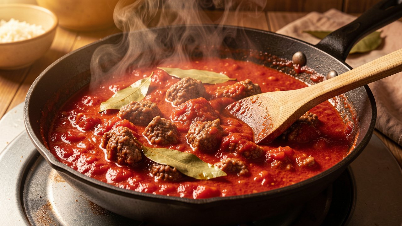 Ground beef simmering in red tomato sauce with bay leaves in a skillet