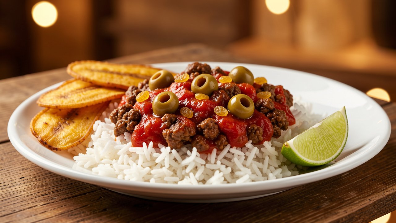 Plated Cuban picadillo over white rice with fried sweet plantains and a lime wedge