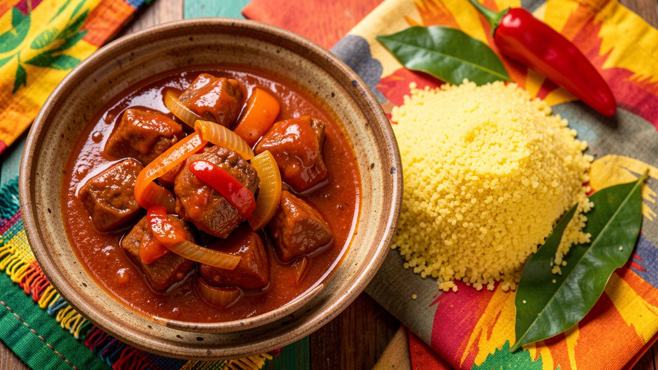 A bowl of Curacao stoba with tender goat in a red-brown tomato-Creole sauce served with funchi cornmeal