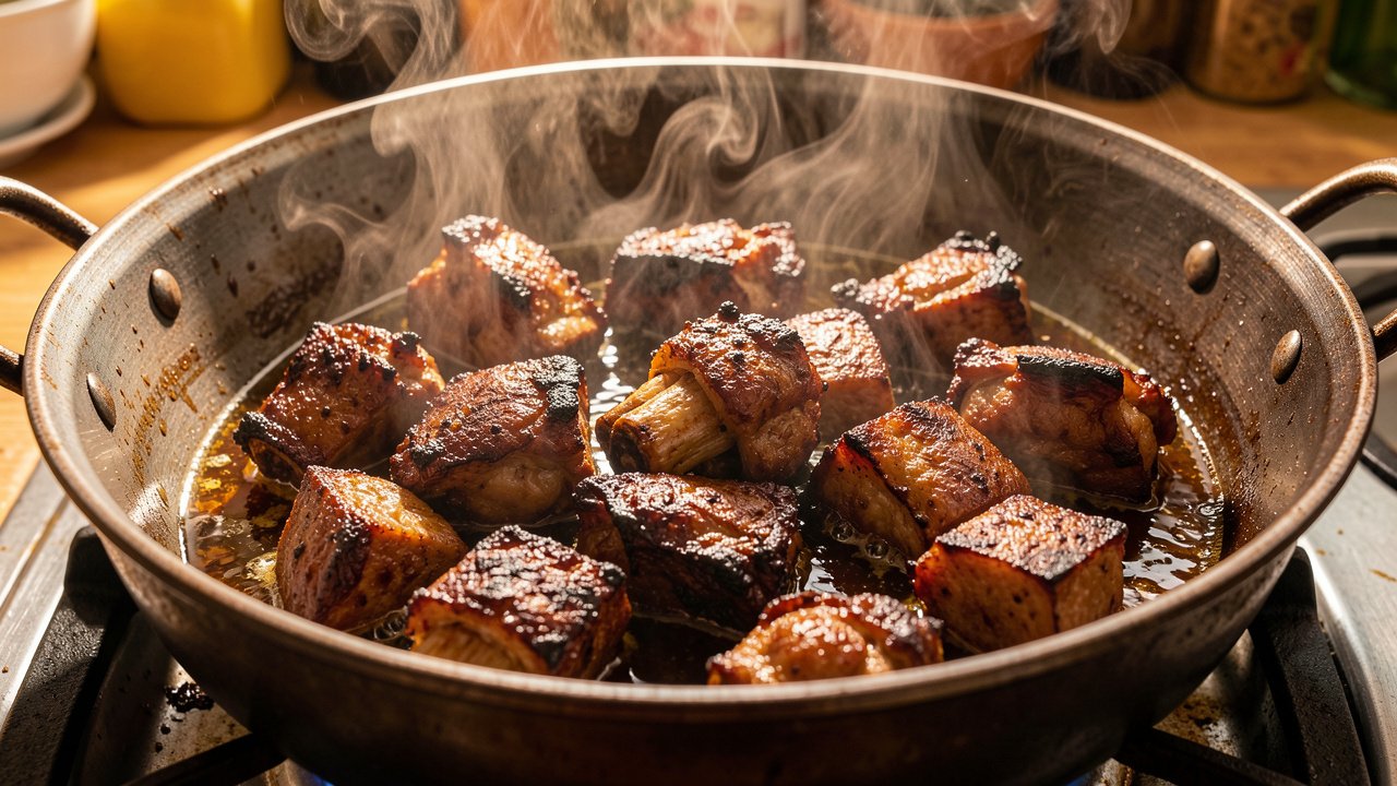 Chunks of halal goat browning to a deep crust in a heavy pot