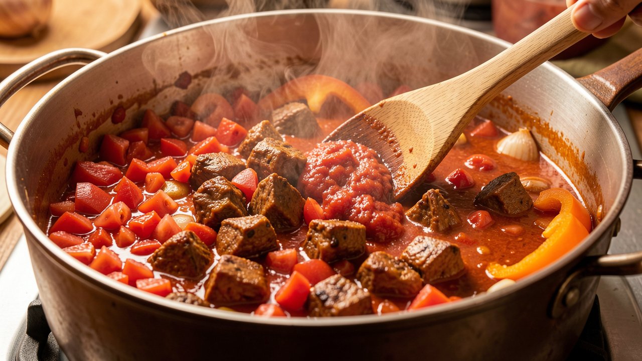 Tomatoes and meat cooking down into a thick red-brown Creole sauce in a pot