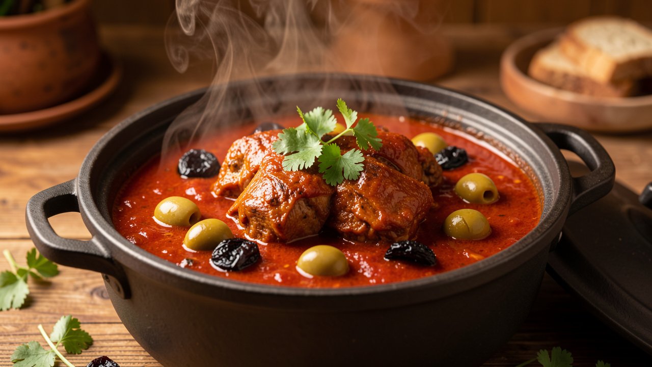 Finished stoba with tender goat, olives, and prunes garnished with cilantro