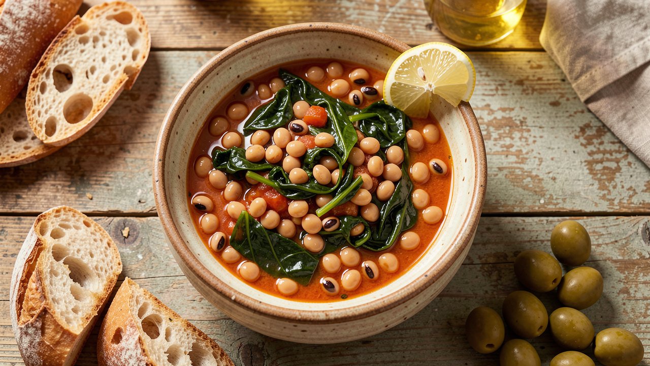 A bowl of Cypriot louvi with black-eyed peas and chard in a light tomato-olive oil sauce, with a lemon wedge, bread, and olives