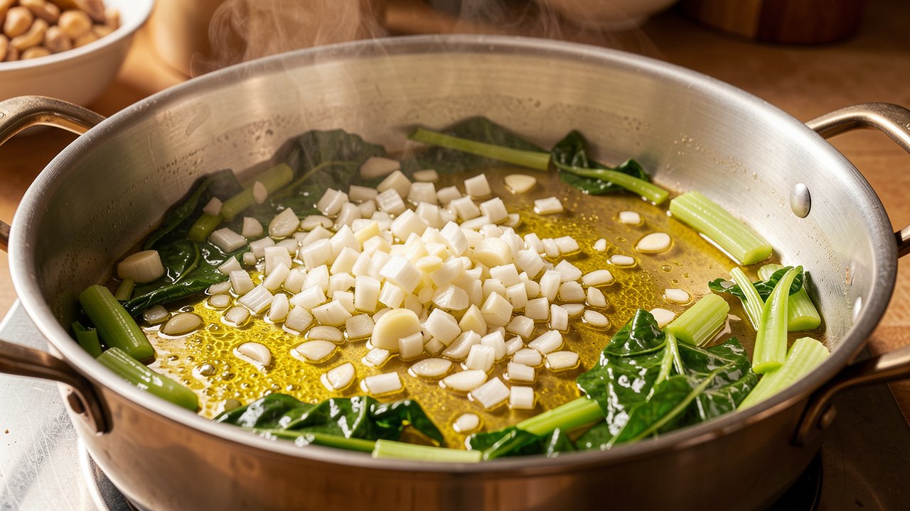 Onion and garlic softening in olive oil with chard stems in a pot