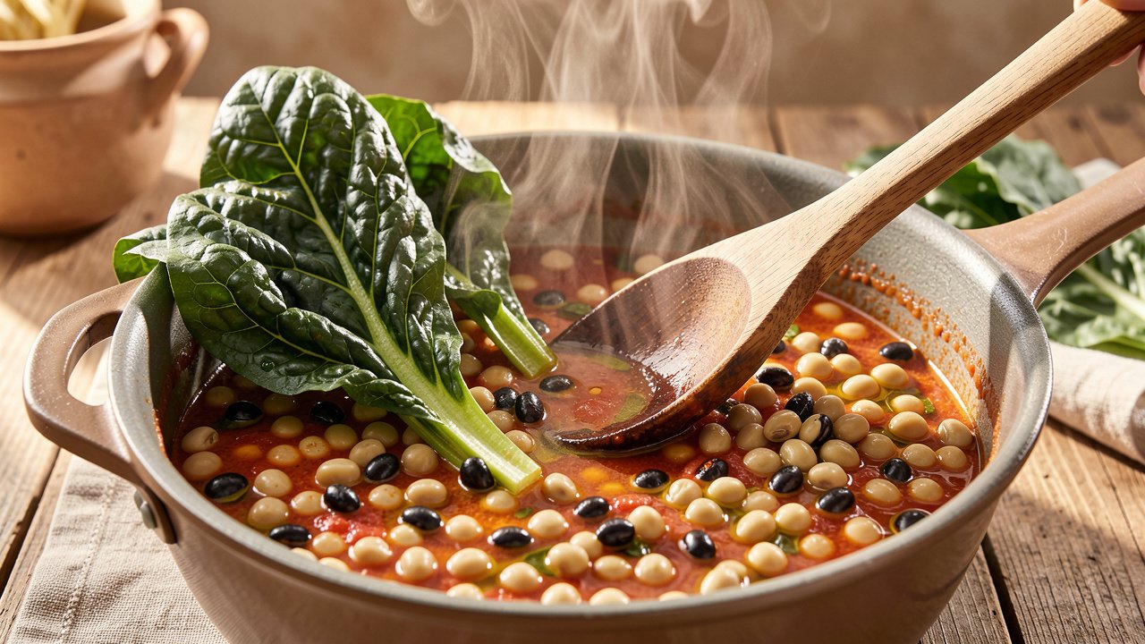 Swiss chard wilting into a pot of black-eyed peas in tomato and olive oil sauce