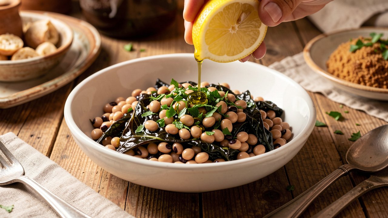 Finished bowl of louvi finished with lemon, olive oil, and parsley