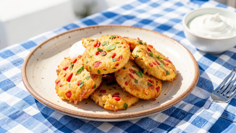 A plate of golden Santorini tomato fritters served with a bowl of thick yogurt