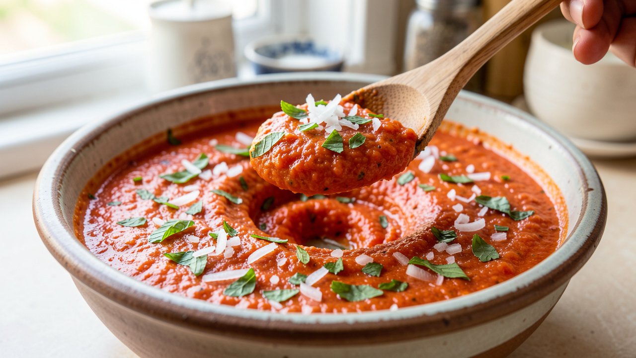 Thick tomato fritter batter flecked with mint on a wooden spoon