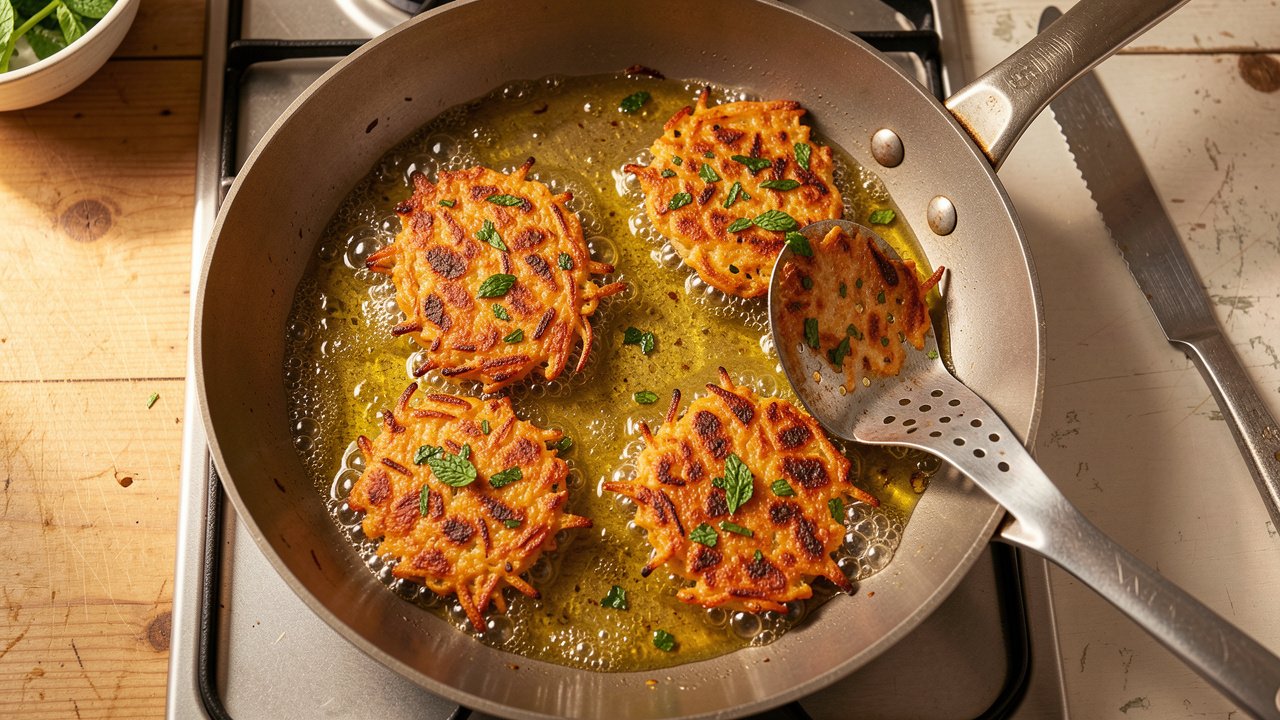 Tomato fritters frying to golden brown in shallow olive oil