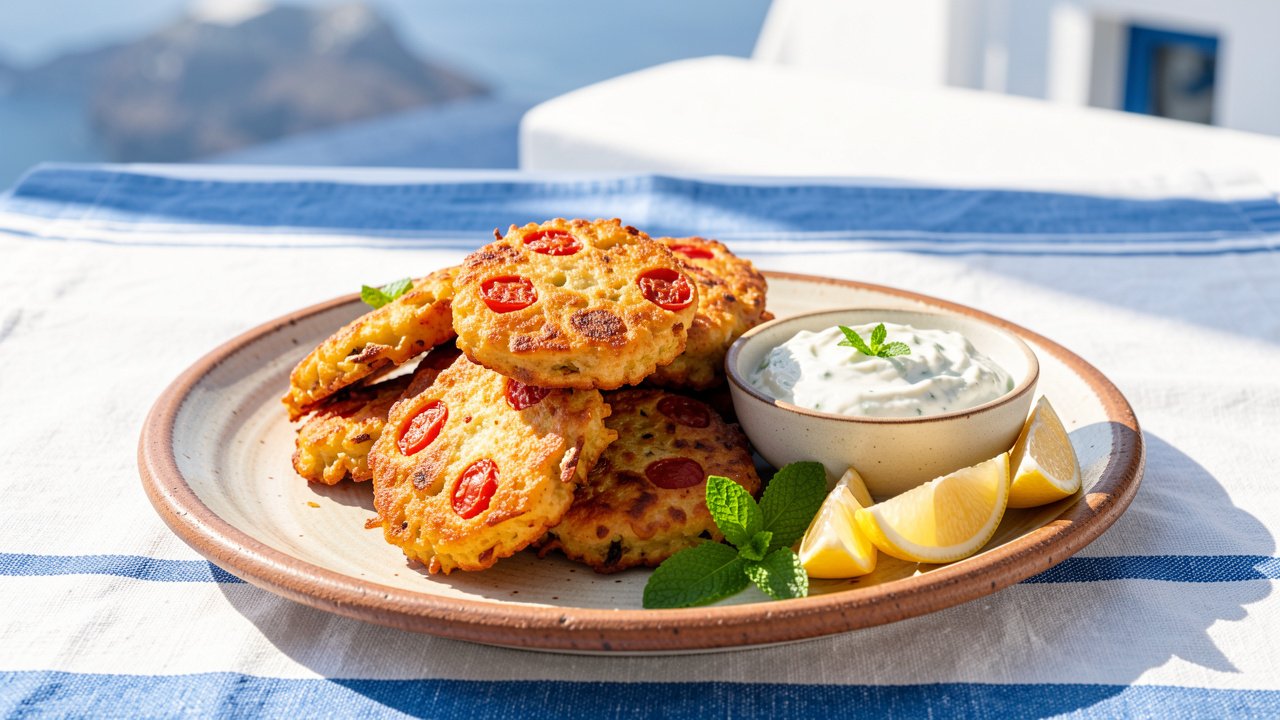 Golden tomato fritters served on a platter with tzatziki, mint, and lemon