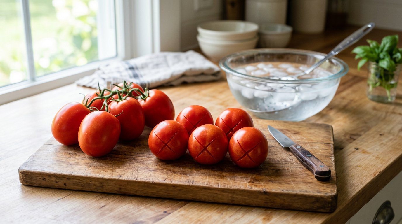 Fresh Roma tomatoes on a cutting board, some scored with an X on the bottom, ready for blanching and peeling