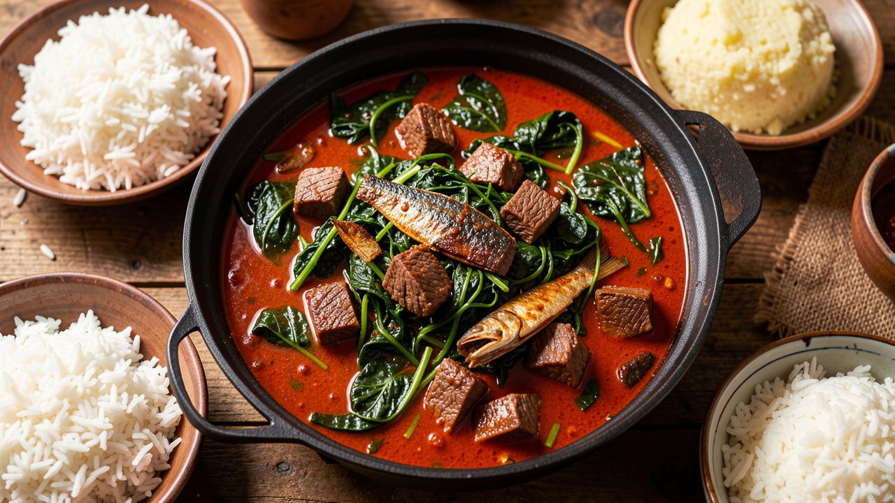 A pot of Nigerian efo riro spinach stew in a red palm-oil pepper base with halal beef and smoked fish, served with rice