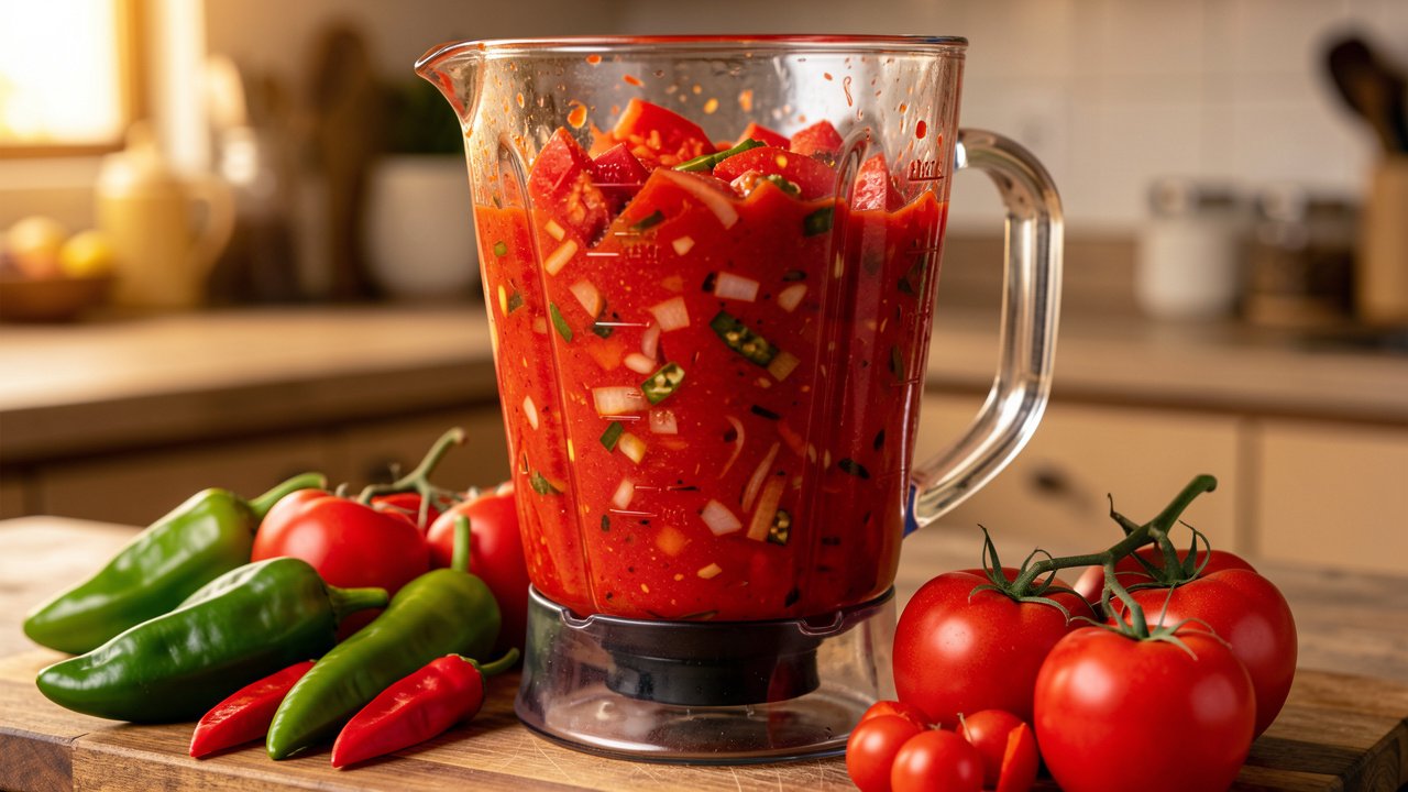 A blender jug of thick red blended tomatoes, peppers, and onion for efo riro