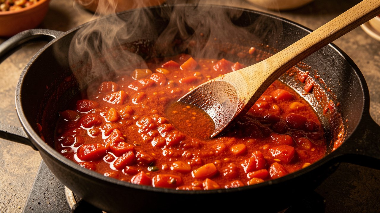Red pepper base frying down in palm oil until the oil separates
