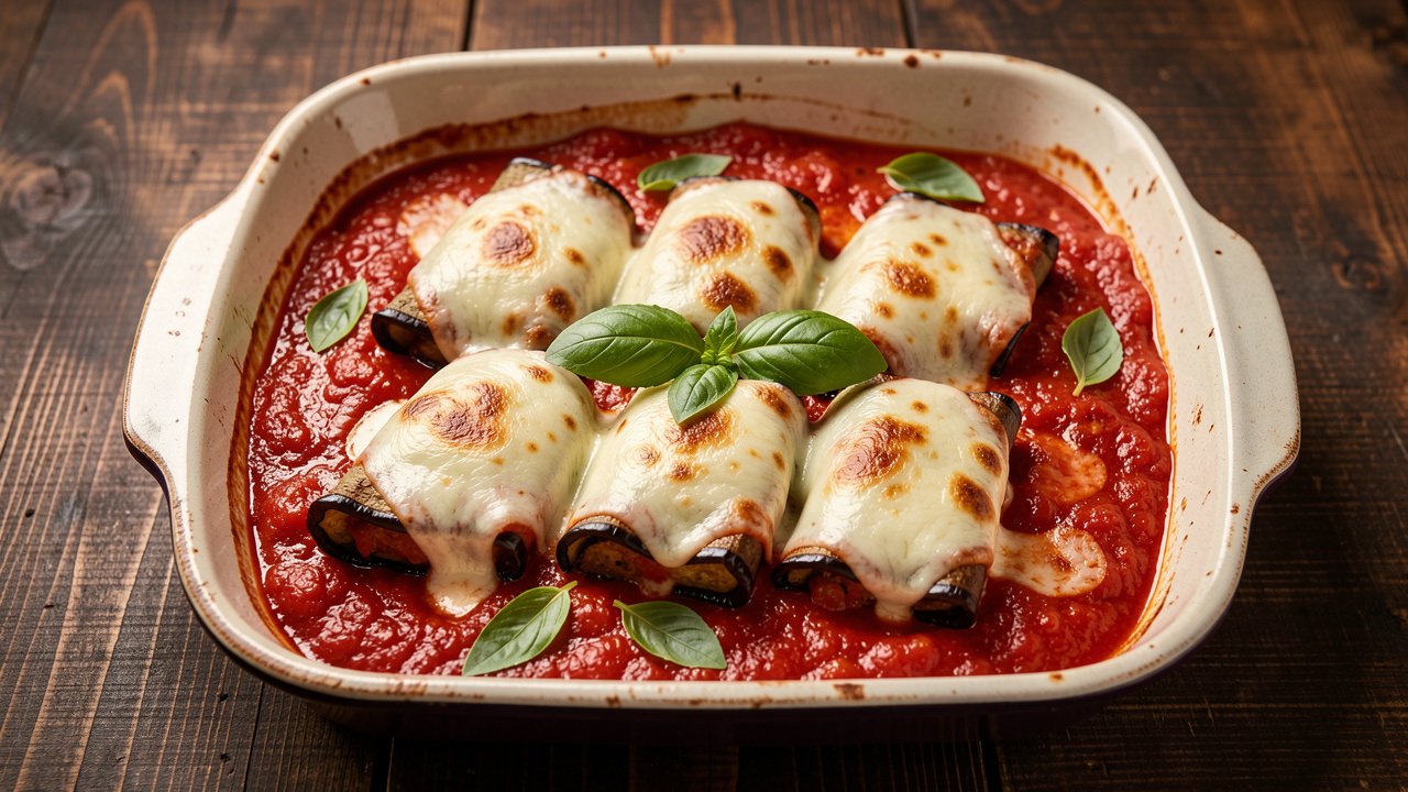 Baked eggplant rolls with spicy tomato sauce topped with melted mozzarella and fresh basil