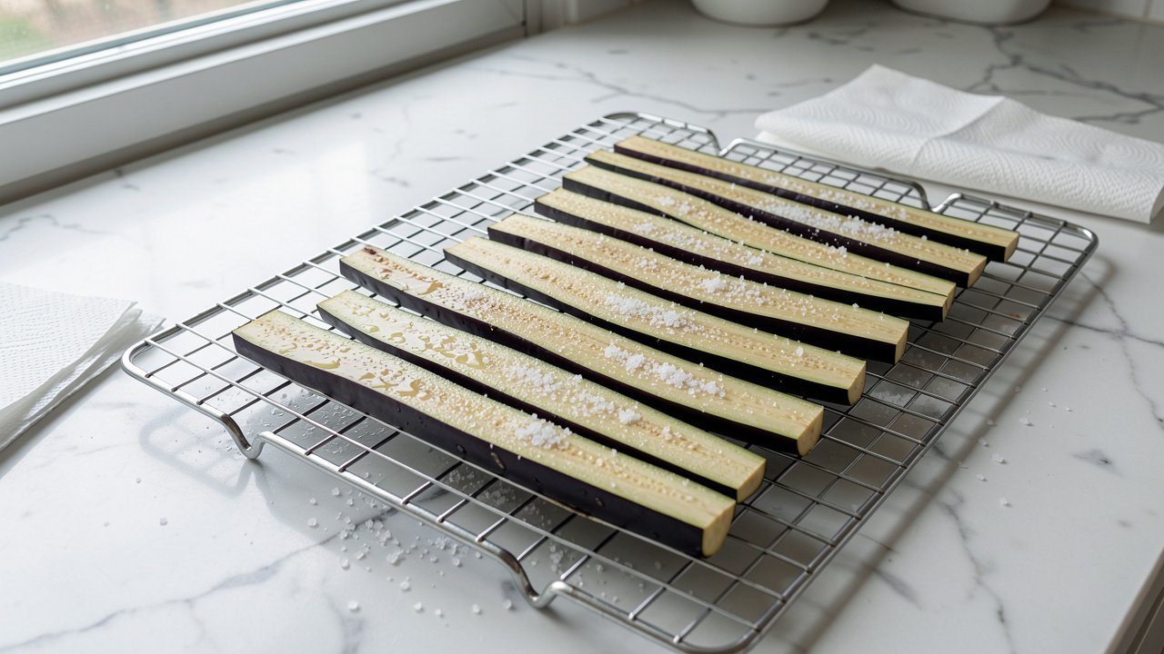 Lengthwise eggplant planks salted on a wire rack with beads of moisture on the surface