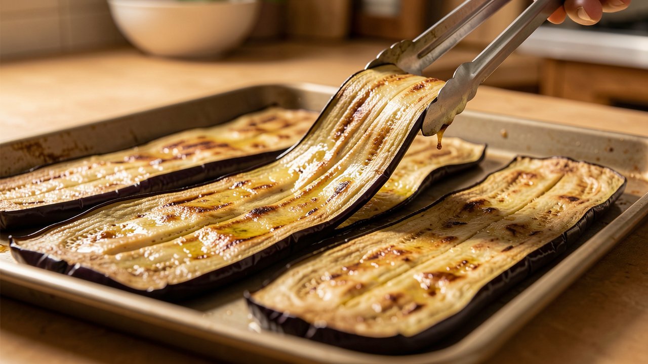 Roasted eggplant planks on a sheet pan, one draping limply from tongs to show it is pliable