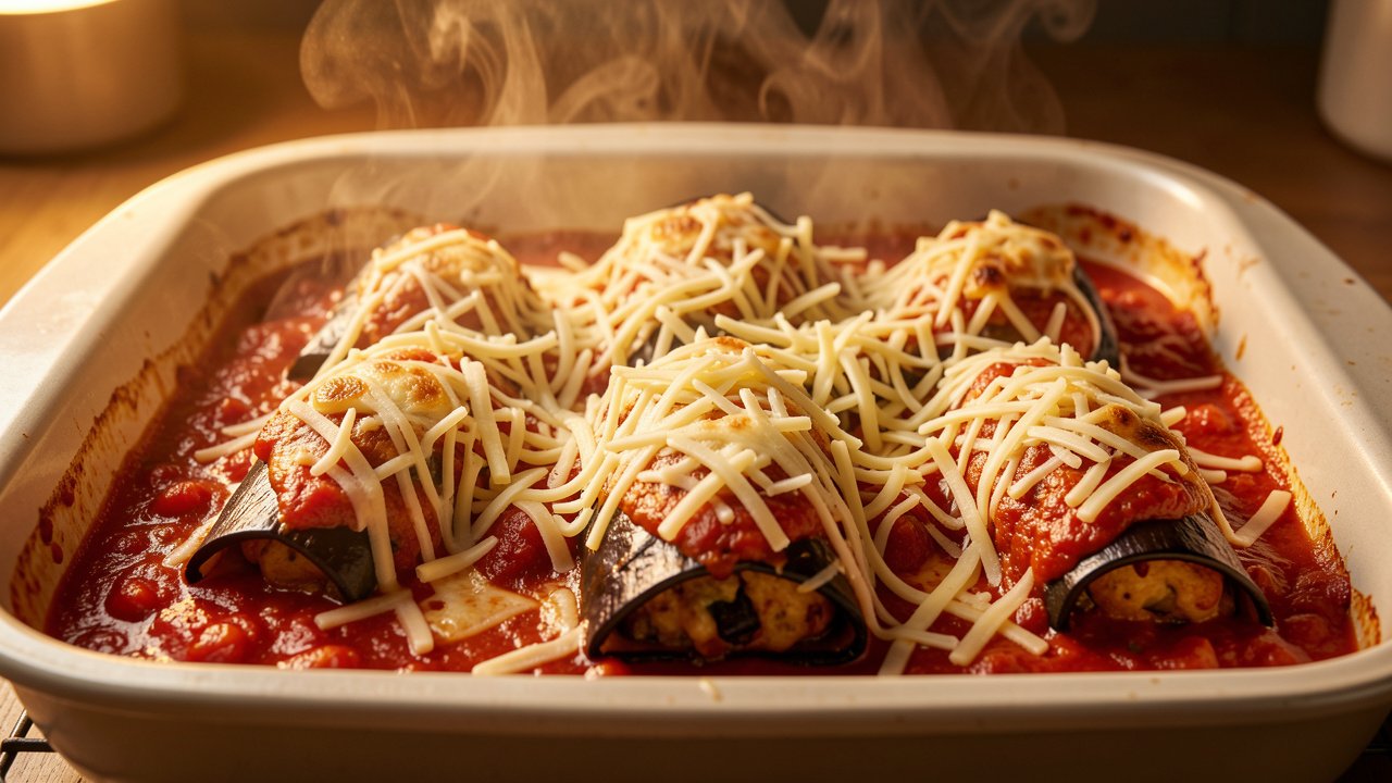 Eggplant rolls sitting seam-side down in bubbling spicy tomato sauce under melted mozzarella
