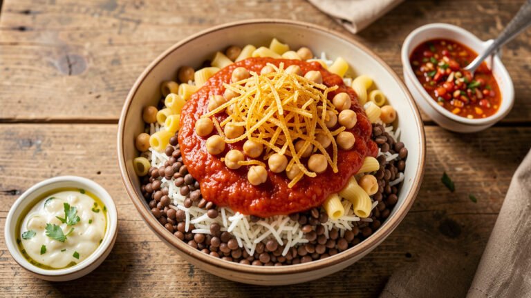 A bowl of Egyptian koshari topped with spiced tomato sauce and crispy fried onions