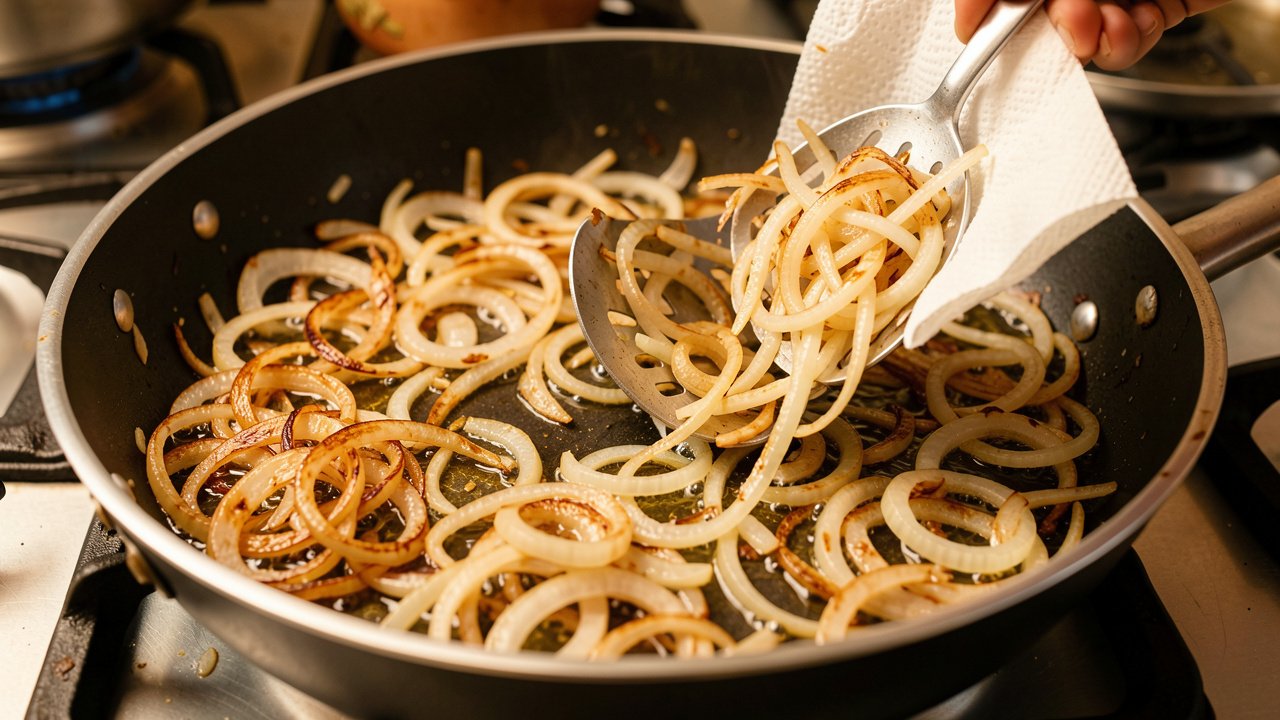 Thinly sliced onions frying to deep golden brown and crisp in a pan of oil