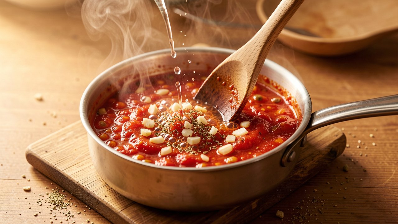 A saucepan of bright red spiced koshari tomato sauce being stirred