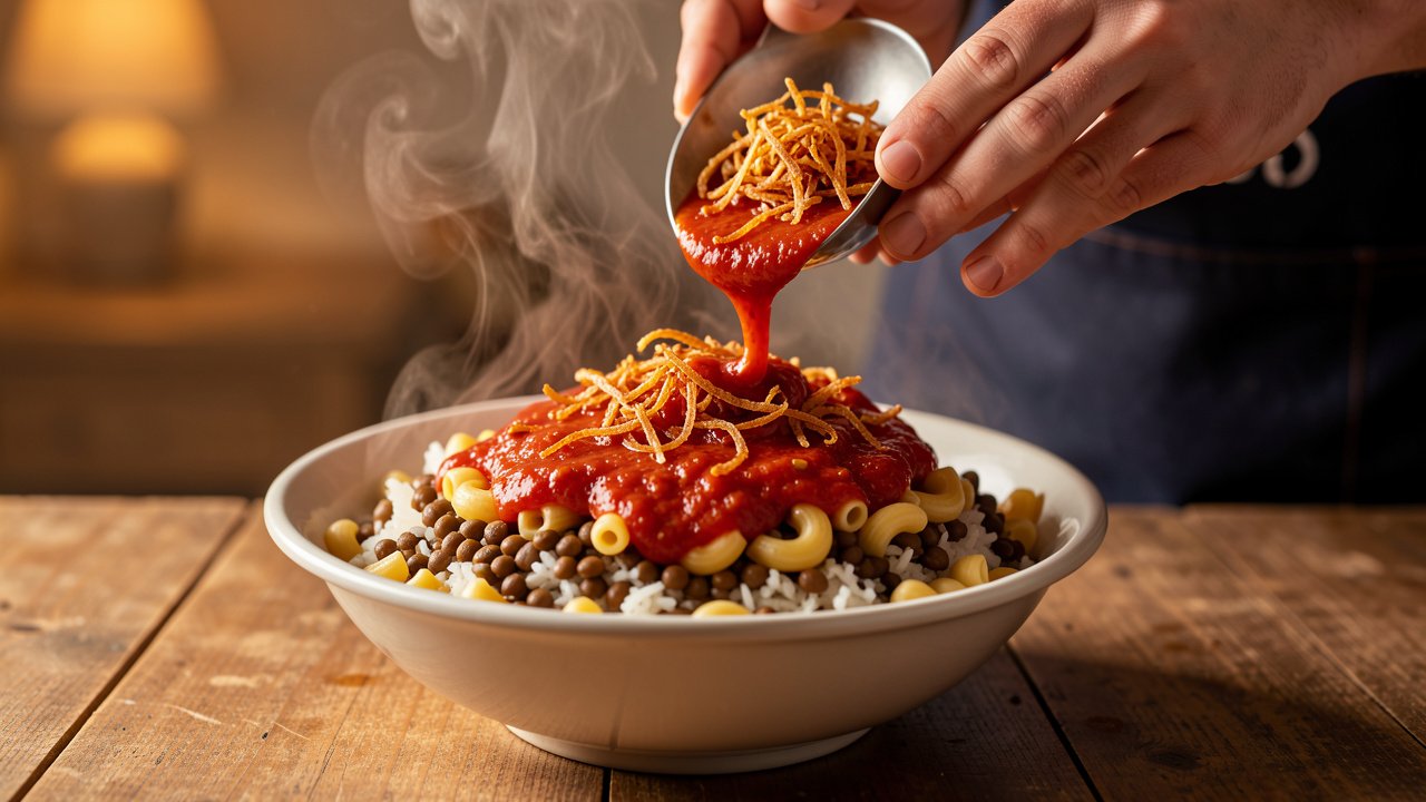 A bowl of koshari topped with tomato sauce and a mound of crispy fried onions