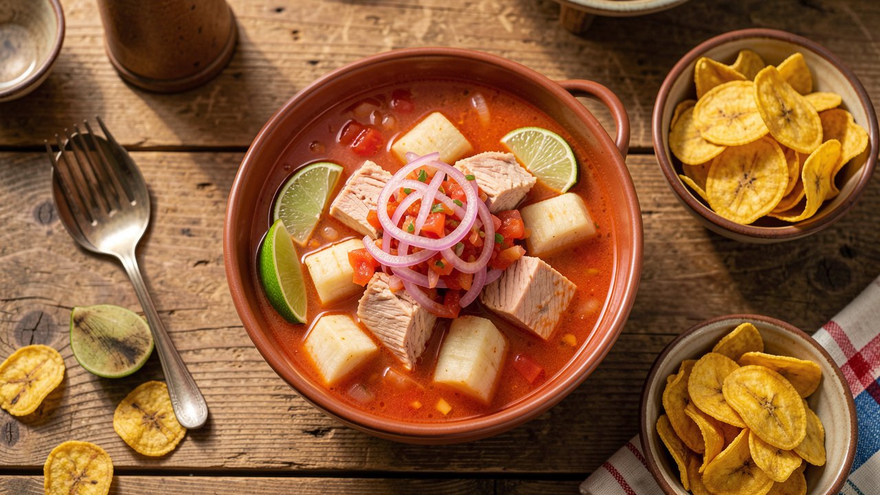 A bowl of Ecuadorian encebollado with tuna, yuca, pickled onion curtido, lime, and plantain chips