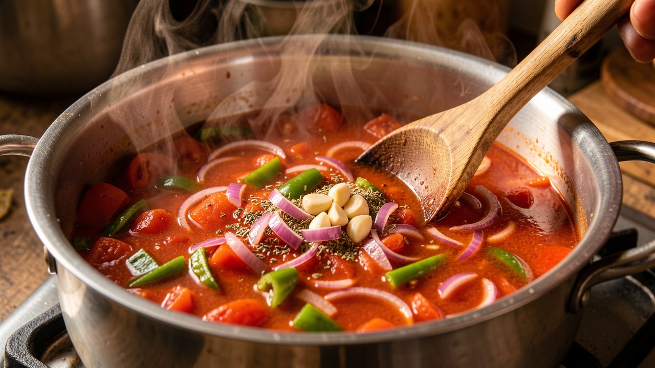 A pot of simmering tomato and onion broth with cumin for encebollado