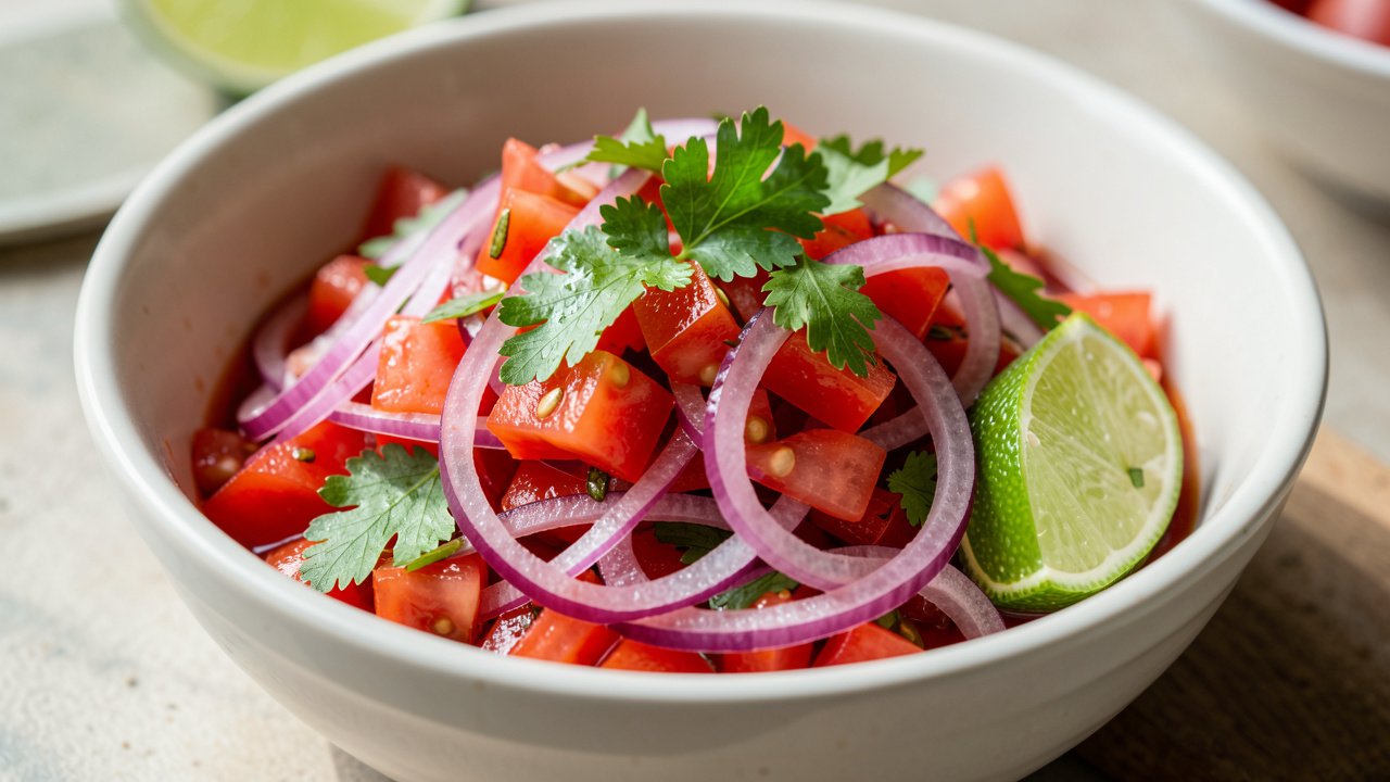 A bowl of pickled red onion and tomato curtido for topping encebollado