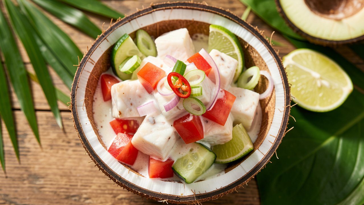 Fijian kokoda served in a coconut shell with white fish, coconut cream, tomato, cucumber and chili