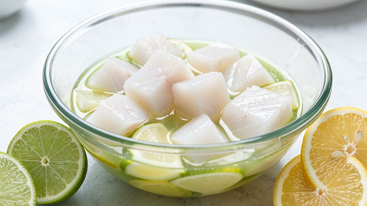 White fish cubes curing in fresh lime and lemon juice in a glass bowl