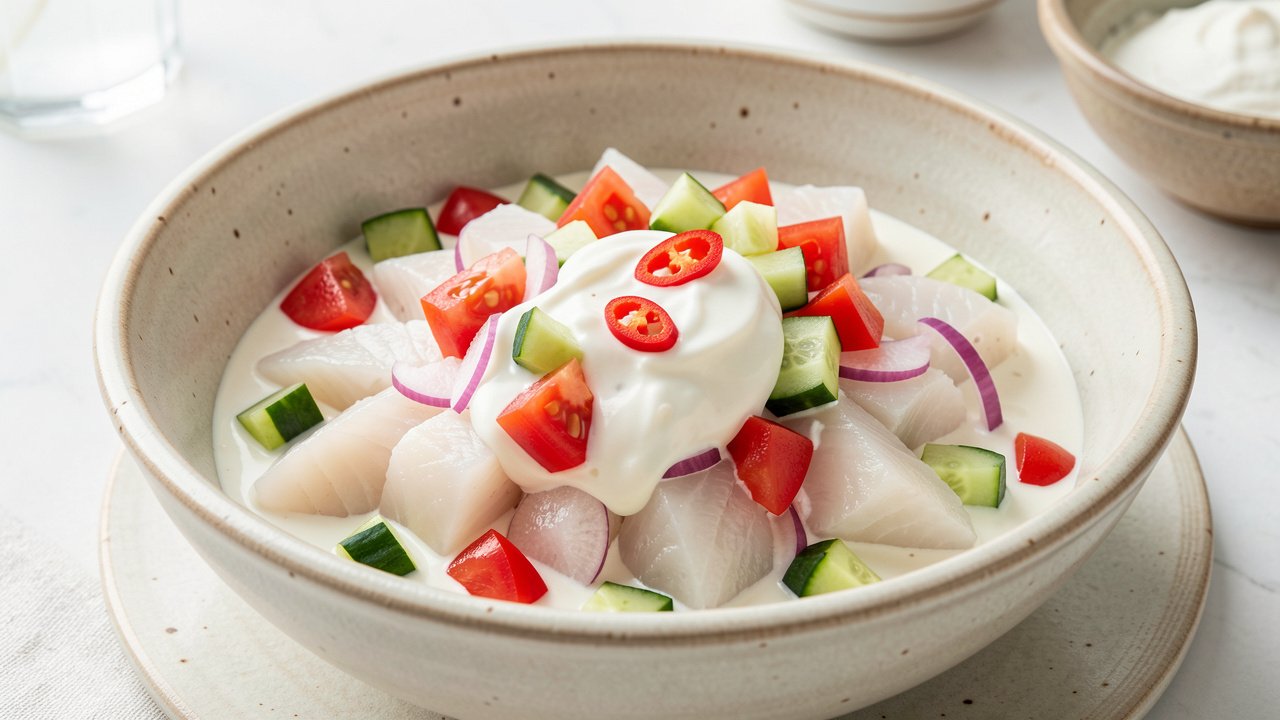 Cured fish folded with coconut cream, tomato, cucumber, and chili in a bowl