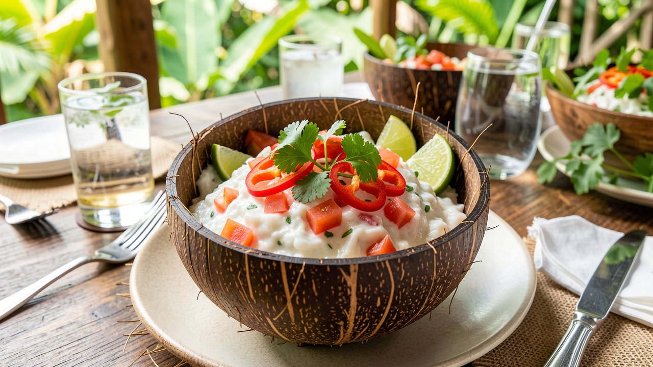 Finished kokoda in a coconut shell garnished with coriander, chili, and lime wedges