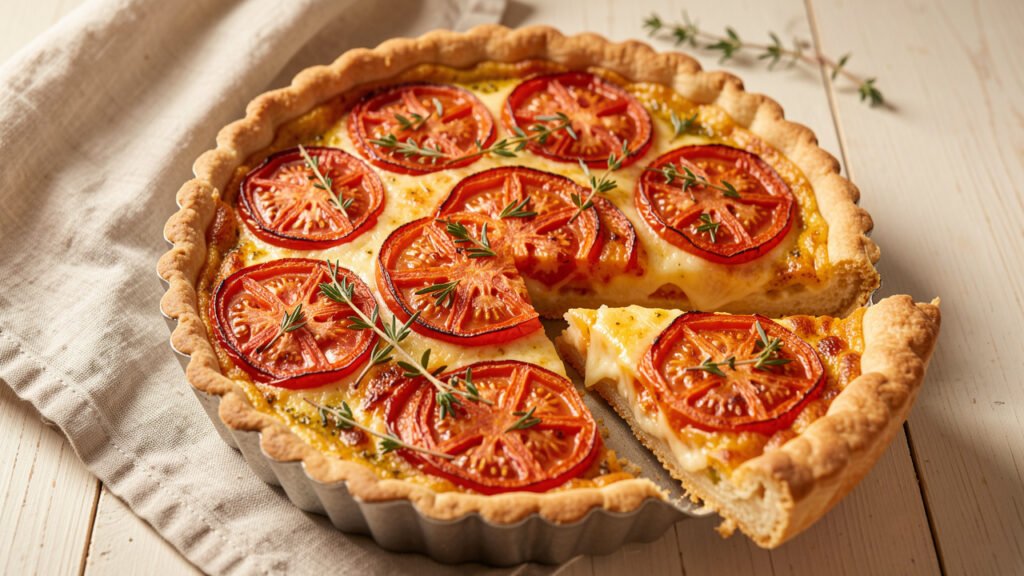 A French tomato and mustard tart with browned tomato slices and melted Gruyere, one slice cut to show the crisp pastry base