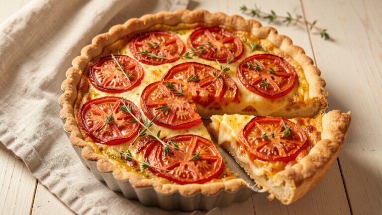 A French tomato and mustard tart with browned tomato slices and melted Gruyere, one slice cut to show the crisp pastry base