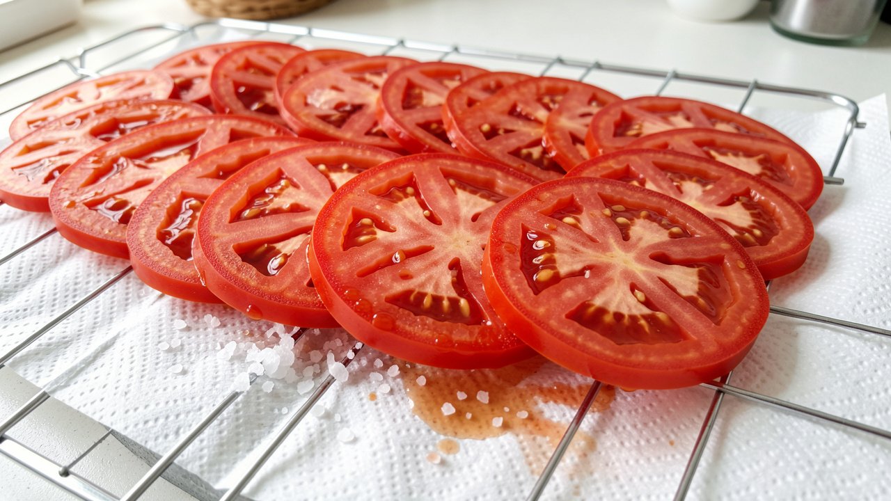 Salted tomato slices draining on a wire rack over paper towels