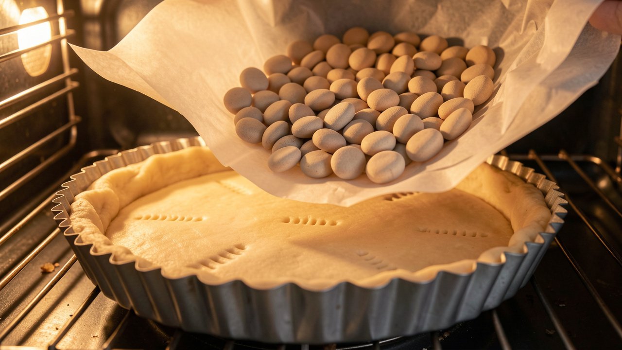 Baking beans and parchment being lifted from a blind-baked tart shell with fork dock marks