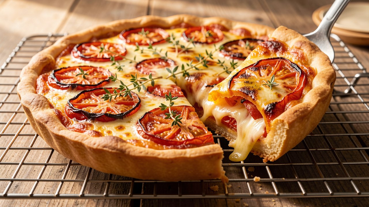 Finished tomato and mustard tart on a rack with a spatula lifting one edge to show the golden base