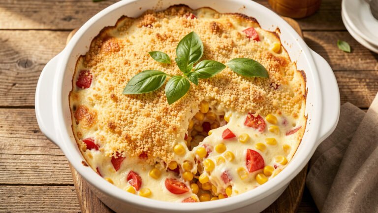 Baked fresh corn and tomato casserole with a golden crumb topping and one scoop removed showing the set custard